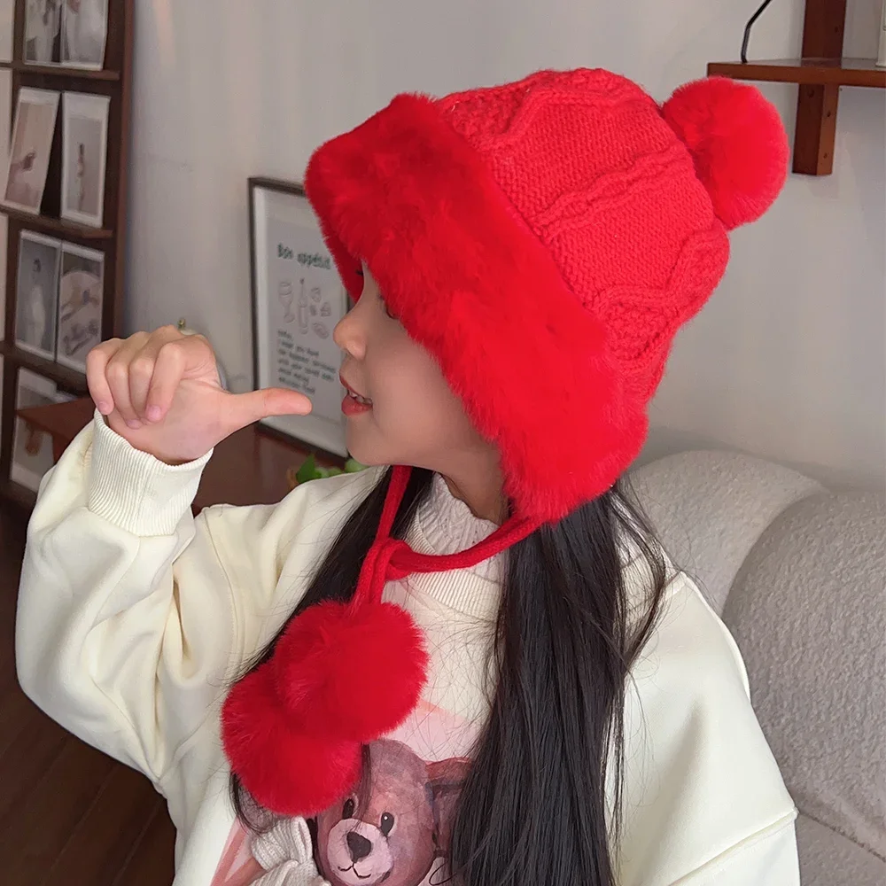 New Girls Knitted Pom Pom Ball Beanie Cap Outdoor Warm Fluffy Winter Hat for Girls Plush Baby Hat Toddler Ear Protection Cap