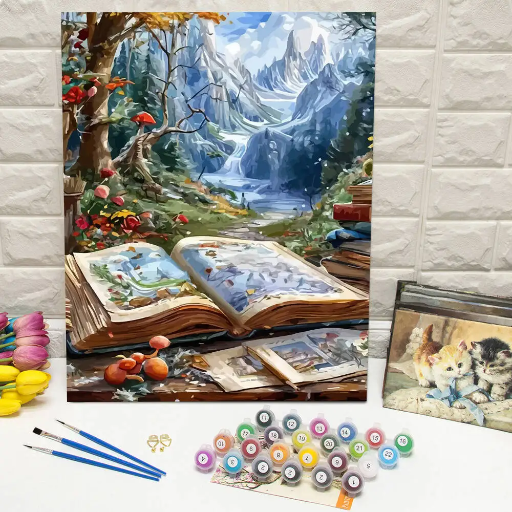 Ölgemälde nach Zahlen, Berglandschaft, DIY, digitale Malerei, Haus, Baum, Landschaft, Bild, Kunsthandwerk auf Leinwand, handgemaltes Geschenk