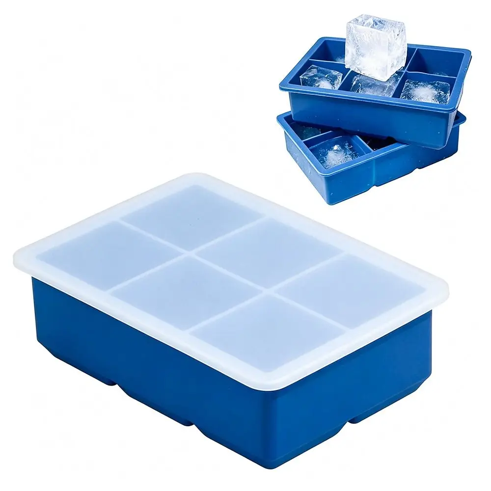 2pcs Reusable 6 Cells Ice Cube Molds Square Shape Silicone Ice Maker With Lid With Lid Large Ice Cube Trays Coffee Making