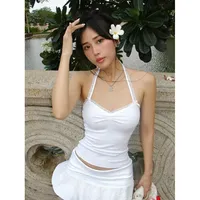 2024 Summer Women's Fashion New Style Pure Desire Aesthetic Lace Flower Edge Spliced Halter Neck Tied Back Small Vest Top