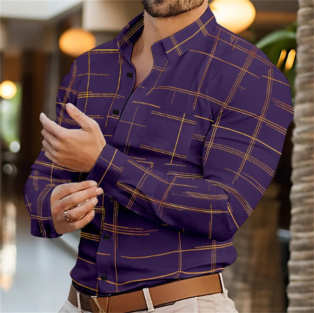 Men\'s trendy long sleeved shirt for summer and autumn, comfortable and breathable, classic solid color checkered business style,