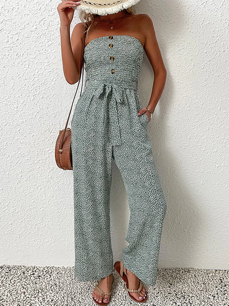 JIM & NORA Sexy Strapless Button Tied Circular Dot Printed Comfortable Casual Women\'s jumpsuit Europe And America Monos Largos