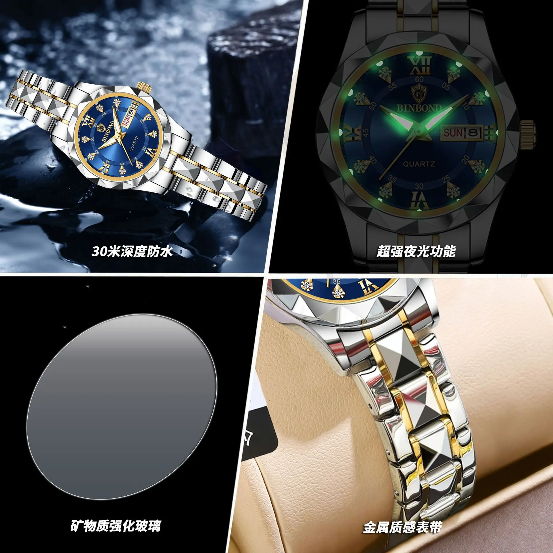 BINBONG женские часы, роскошные модные женские кварцевые часы, водонепроницаемые светящиеся наручные часы из нержавеющей стали с датой, подарок для любителей подруги