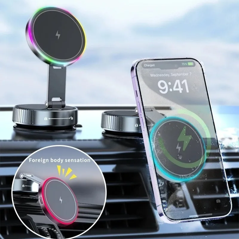 

Автомобильное беспроводное зарядное устройство, держатель для телефона 360° ° Вращающееся вакуумное магнитное крепление с RGB-подсветкой для iPhone 17, 16, 15, 14, 13, 12 Pro Samsung