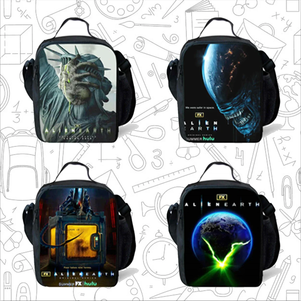 

Сумки для обеда для детей, сумки для пикника с рисунком инопланетянина: Earth School для девочек и мальчиков, большие детские изоляционные сумки-холодильники для детей от 4 до 10 лет