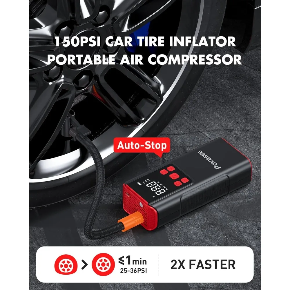 Reifenfüller, tragbarer Luftkompressor, Povasee 150 PSI, tragbare Luftpumpe für Reifen, kabelloser Autoreifenfüller mit LCD-Display