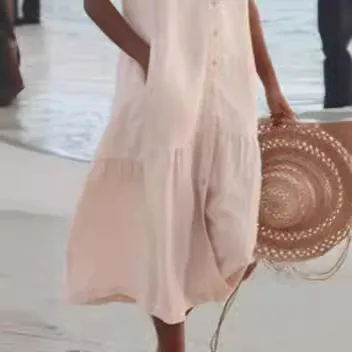 Abito lungo da donna in lino di cotone estivo con scollo a V tasca allentata femminile alla moda moda casual abiti da spiaggia per le vacanze abiti longuette