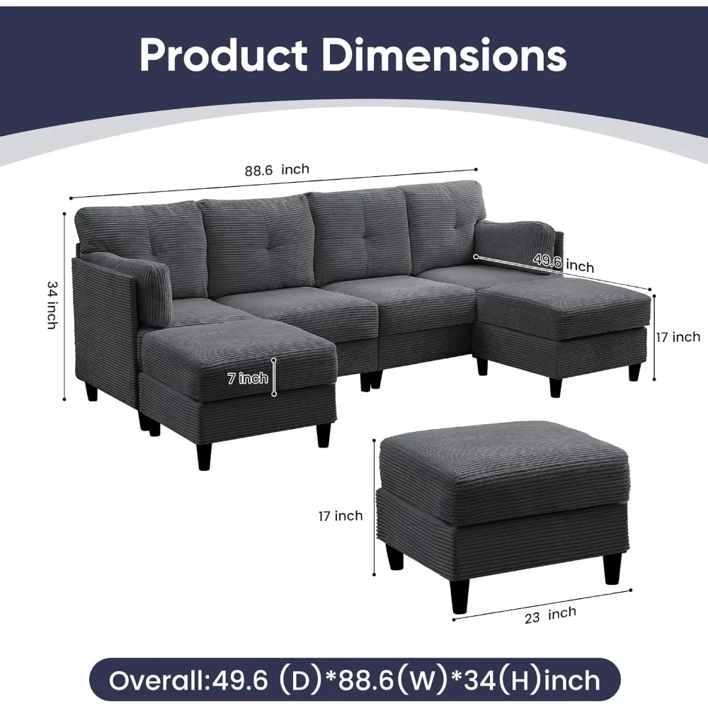 Трансформируемый U-образный секционный диван с 2 пуфиками, 4-местный диван для гостиной, вельветовая ткань, удобное решение для сидения