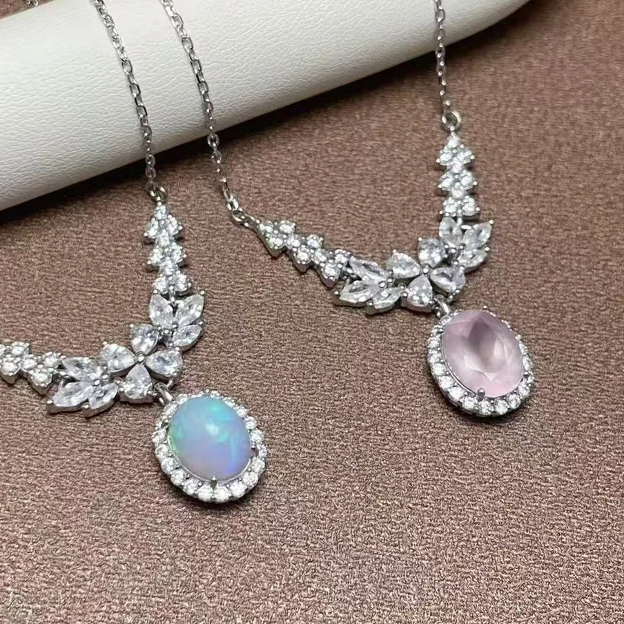 Elegant 925 Silver Necklace for Party 8mm*10mm Natural Opal Necklace 18K Gold Plated Silver  Rose Quartz Jewelry