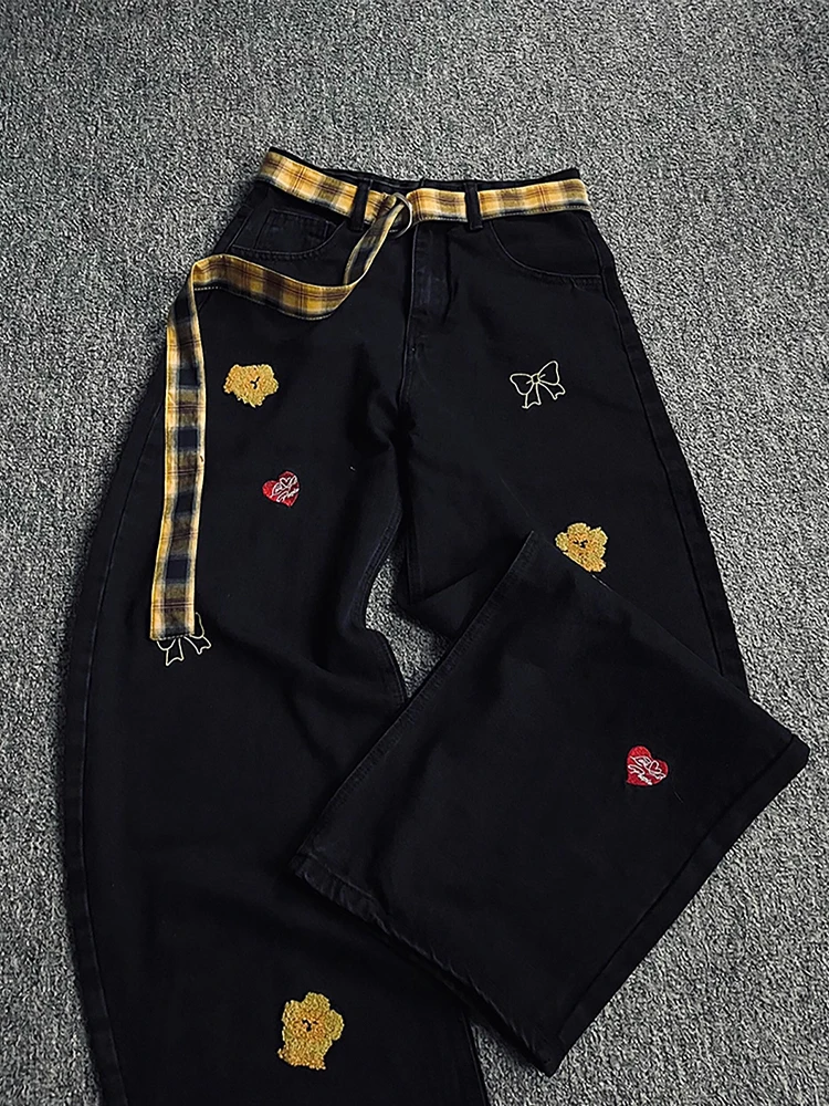 

Bla Floral Embroidery Wide Leg Loose Jeans Men's Autumn Cleanfit American High Street Knife Blade Denim Pants Casual Wear