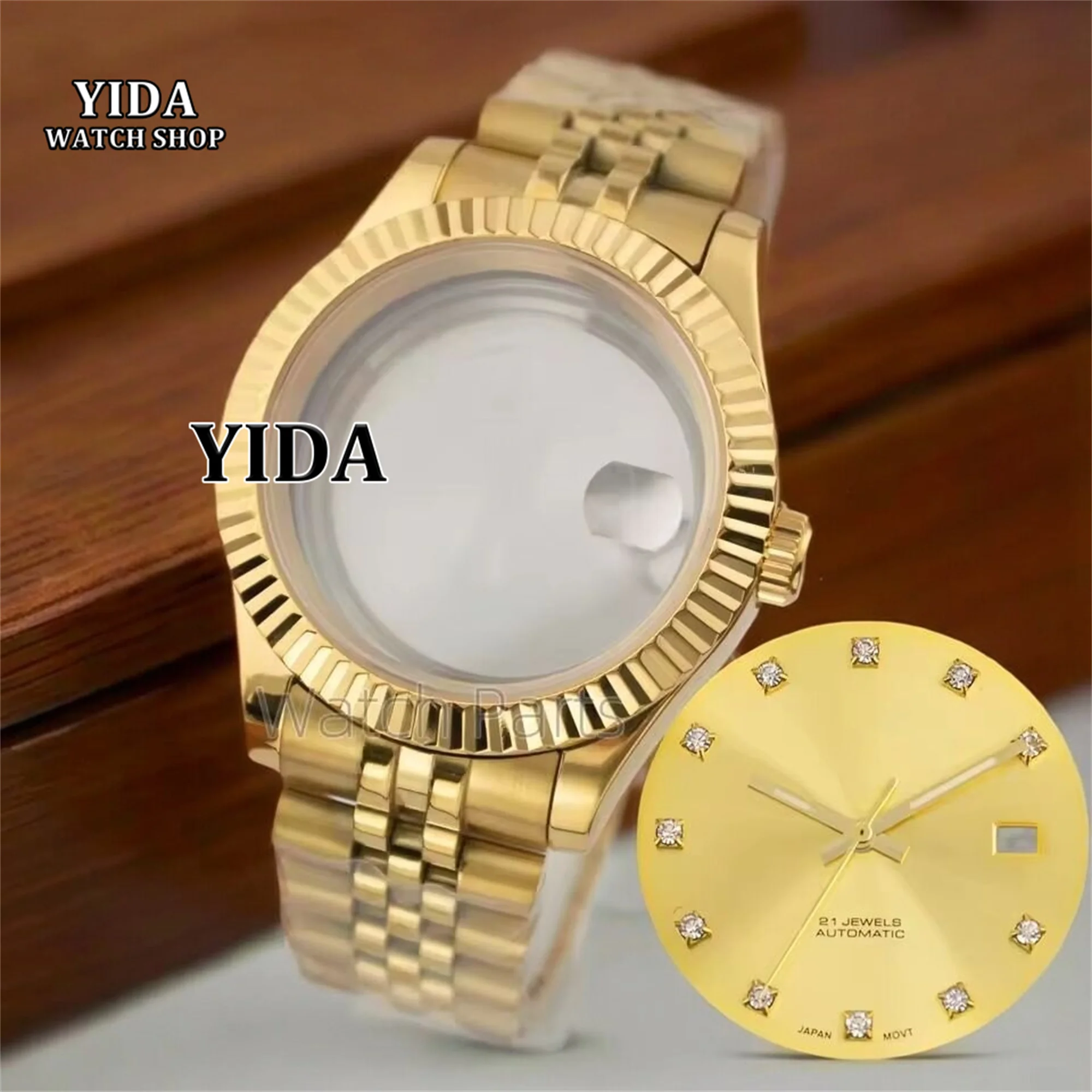 

41MM Stainless Steel Watch case Strap Sapphire Crystal 31mm Green Luminous Dial Hands For Datejust NH34 NH35 NH36 Movement Parts