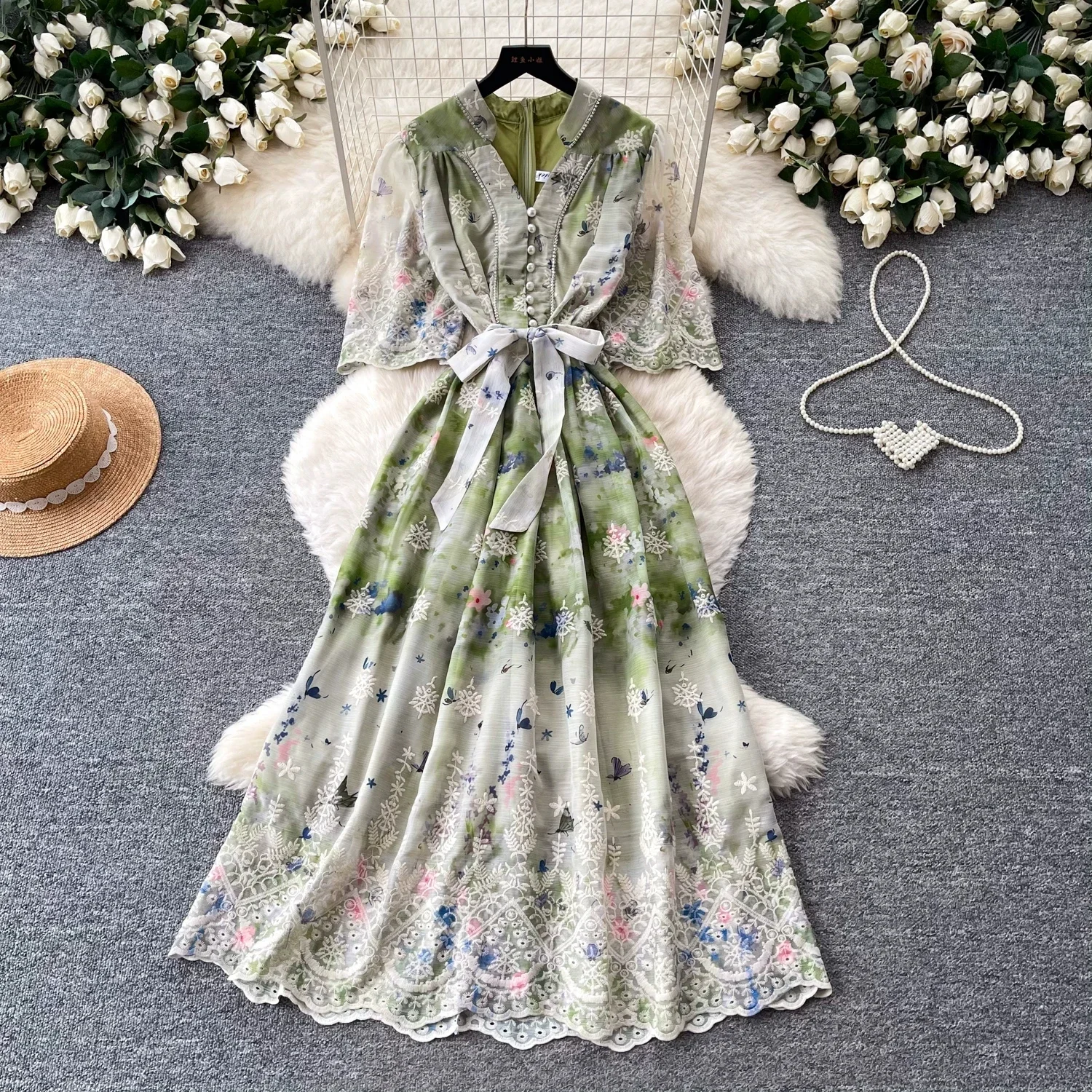 Greenora Vintage Flower Embroidery Hollow Out Lace Long Dress Women's Bead V-Neck Lantern Sleeve Pearls Buttons Lace Up Party Ve