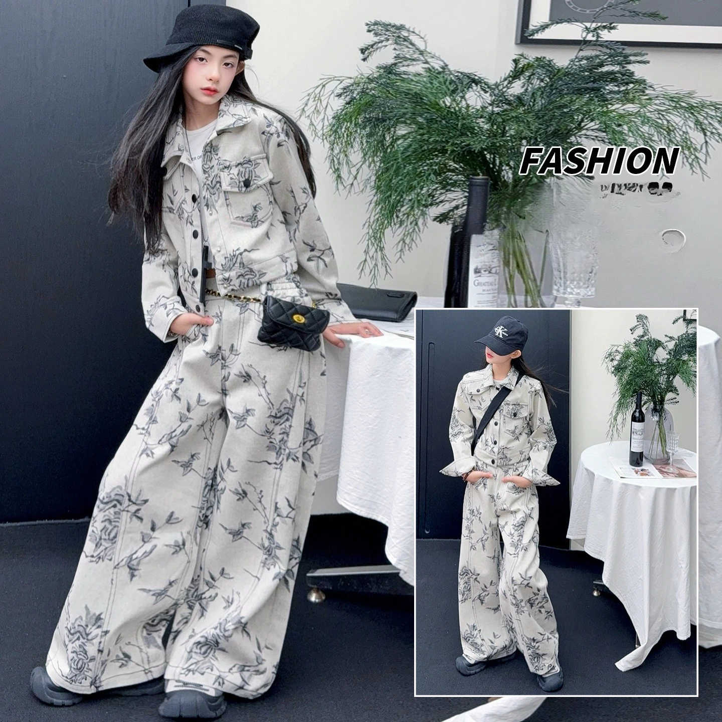 Chic teen girls clothes set ink wash paining denim jacquard lapel coat wide-leg jeans junior kid cowboy pants suit child outfits