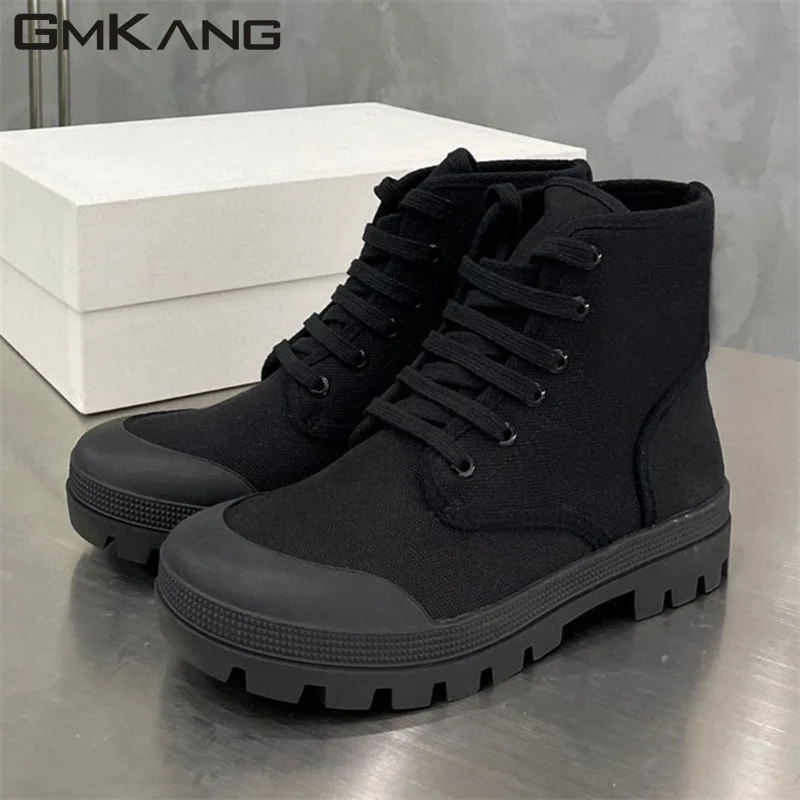 Thick Sole Short Boots Woman Canvas Boots Female Lace Up Round Toe Flat Motorcycle Boots Women High Top Sneakers Women