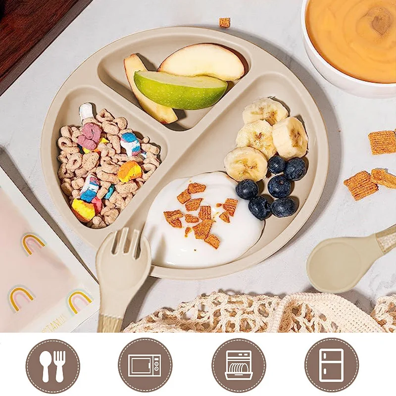 

Новая креативная модная детская силиконовая тарелка 2026 года, круглая силиконовая тарелка с секциями для прикорма