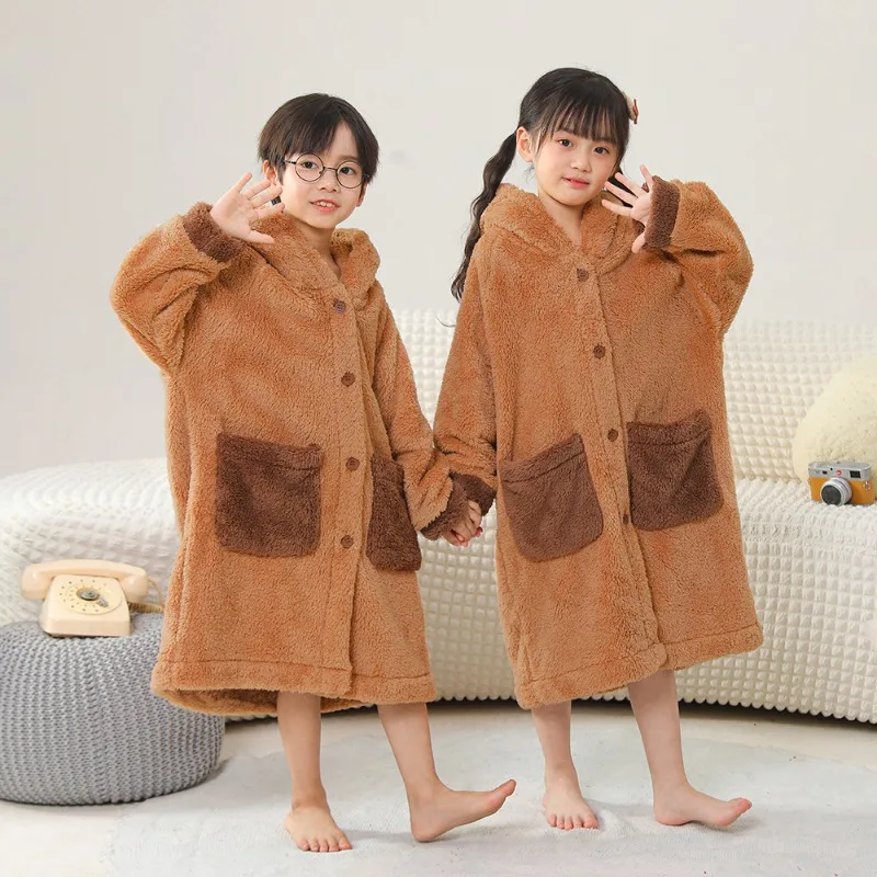 Autumn Winter Boys Nightgown Thickened Coral Fleece Children's Pajamas Girls Bathrobe Baby Home Loungewear