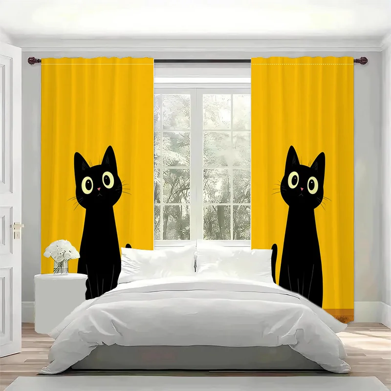 

2 шт. милых штор с принтом черных кошек на желтом фоне для спальни, светонепроницаемые, термоизолирующие, игривый декор для дома