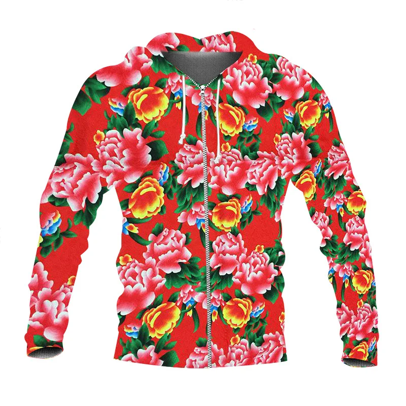 2024 New 3D Northeast China Flower Printing Zip Up Hoodies For Men Happy Chinese Dragon Year Fashion Cool Zip Up Hoodie Clothing