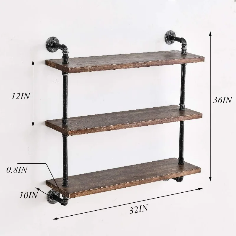 Industrial Pipe Shelves Rustic Wood Shelves 3 Tiers Modern Wall Mount Bathroom Shelf(Black,32 inch)