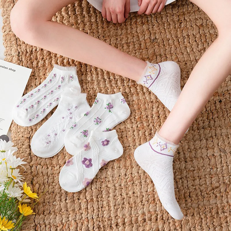 5 Pairs Lot New Women Cute Flower Ankle Socks Set Spring Summer Female Lady Boat Lace Low Cut Girl Happy Short Sock For Women