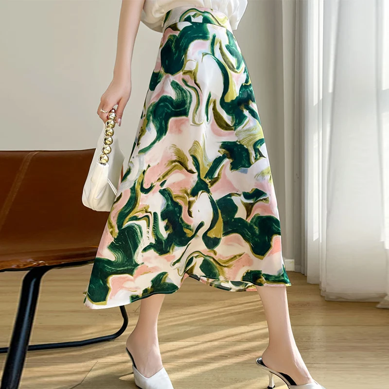 Summer Printing Half Body Skirt Long Dresses Silky Fabric Skirt Cool Comfortable A-Line Skirts Women Long Elegant Dress Clothing