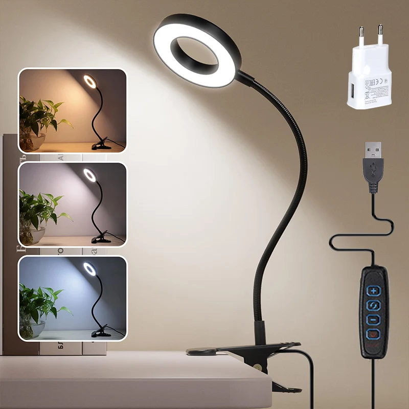 

Светодиодная настольная лампа с функцией памяти, 3 режима освещения, регулировка яркости, клипса, гибкая гусиная шея, защита глаз, без мерцания, исследование, использование в спальне