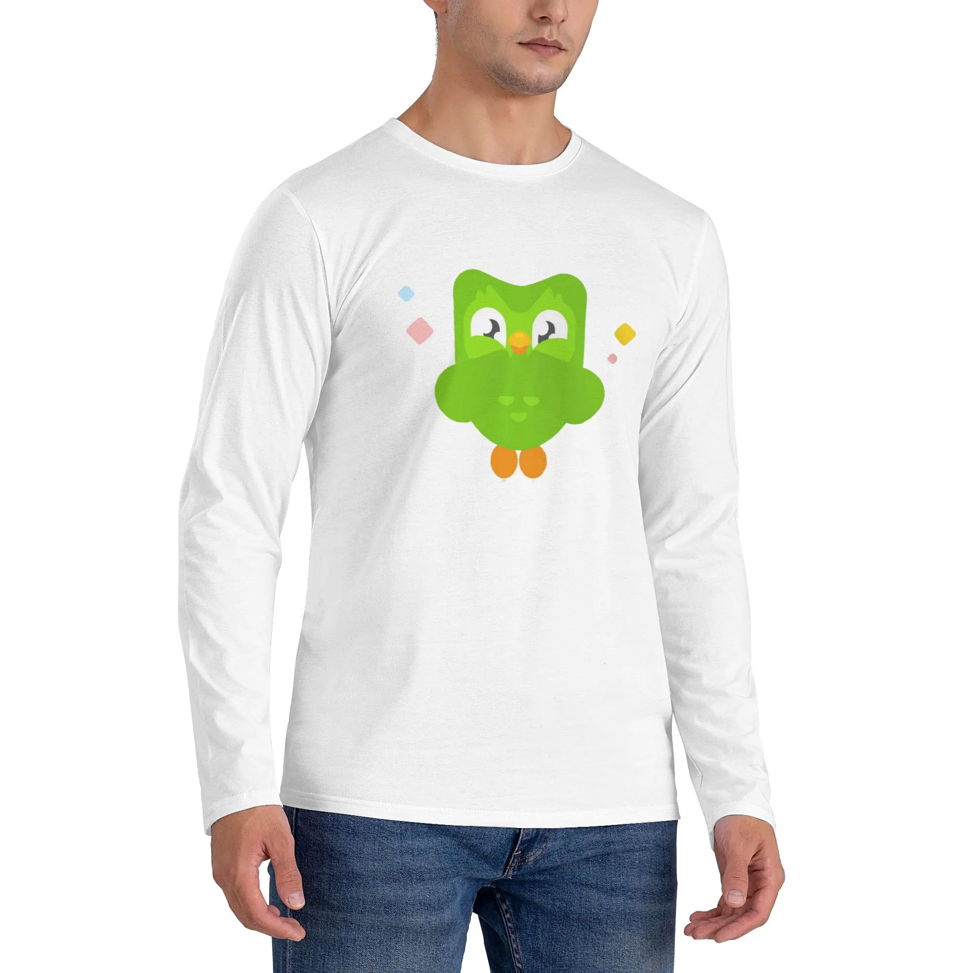 

Duolingo Owl Duo Мужская футболка с длинными рукавами Модные футболки с круглым вырезом Весенние и осенние мужские топы