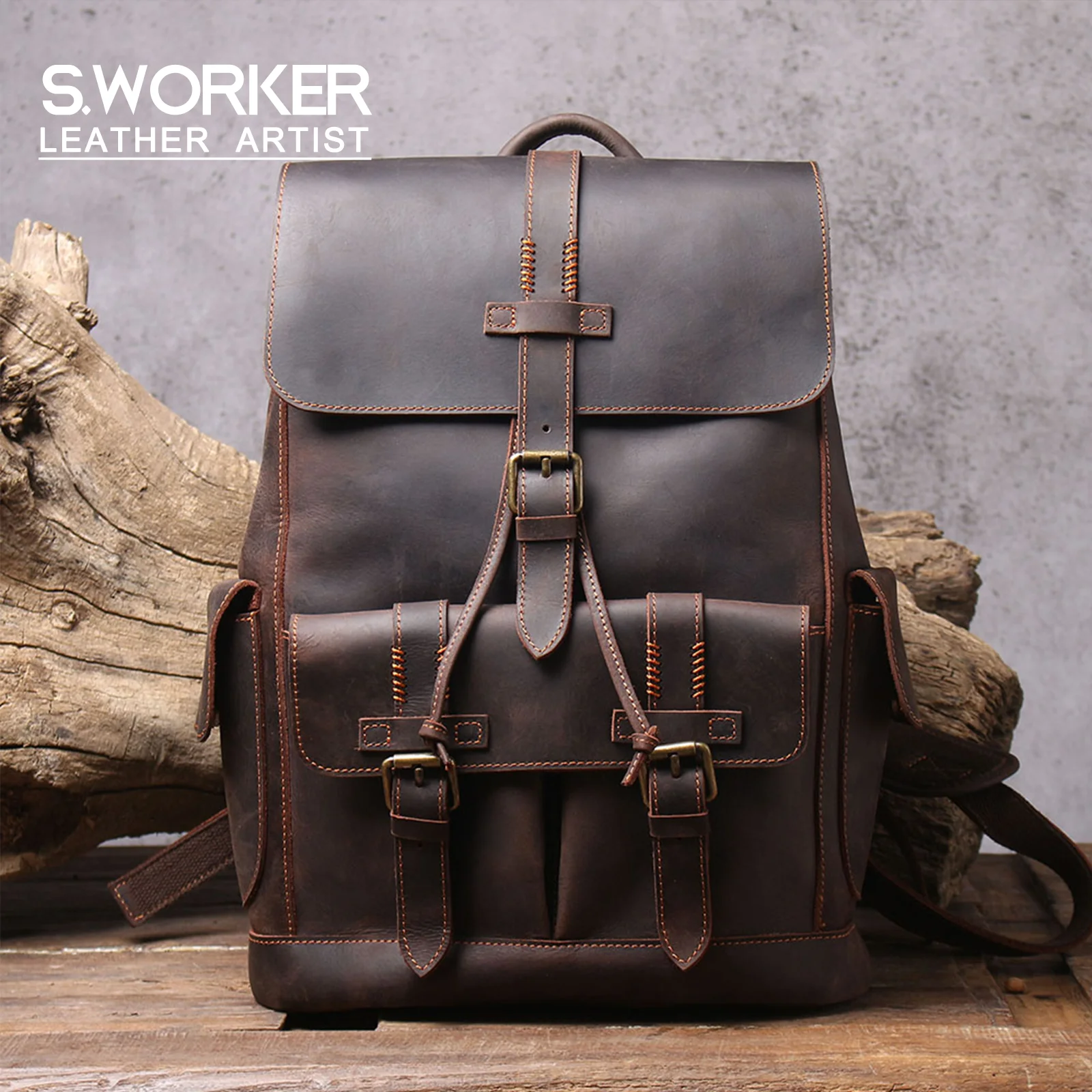 S.WORKER Vintage Echtleder-Rucksack für Herren, Reise-Vintage-Crazy-Horse-Schultasche, Große Laptop-Schultertasche aus Rindsleder für Männer – Detail 2