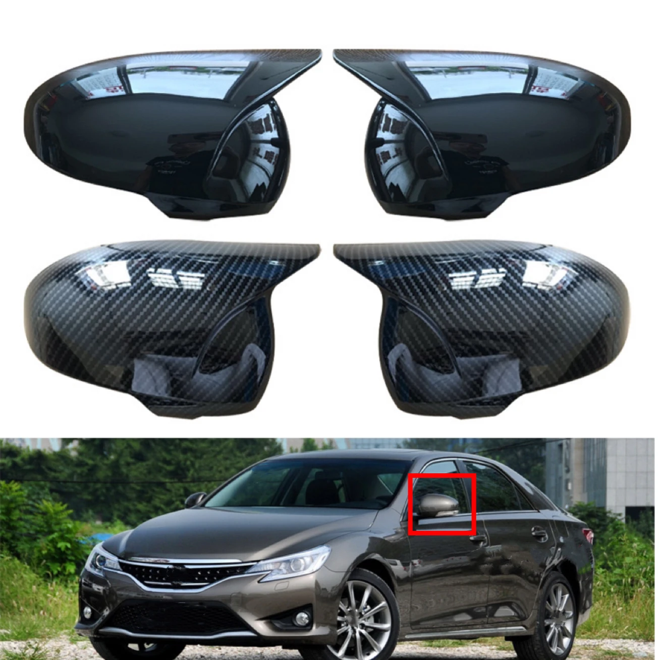 

Fit tor Toyota Mark X Reiz 2010-2017 Rearview Side Mirror Cover Wing Cap Outer Door Back View Case Trim Carbon Fiber Black