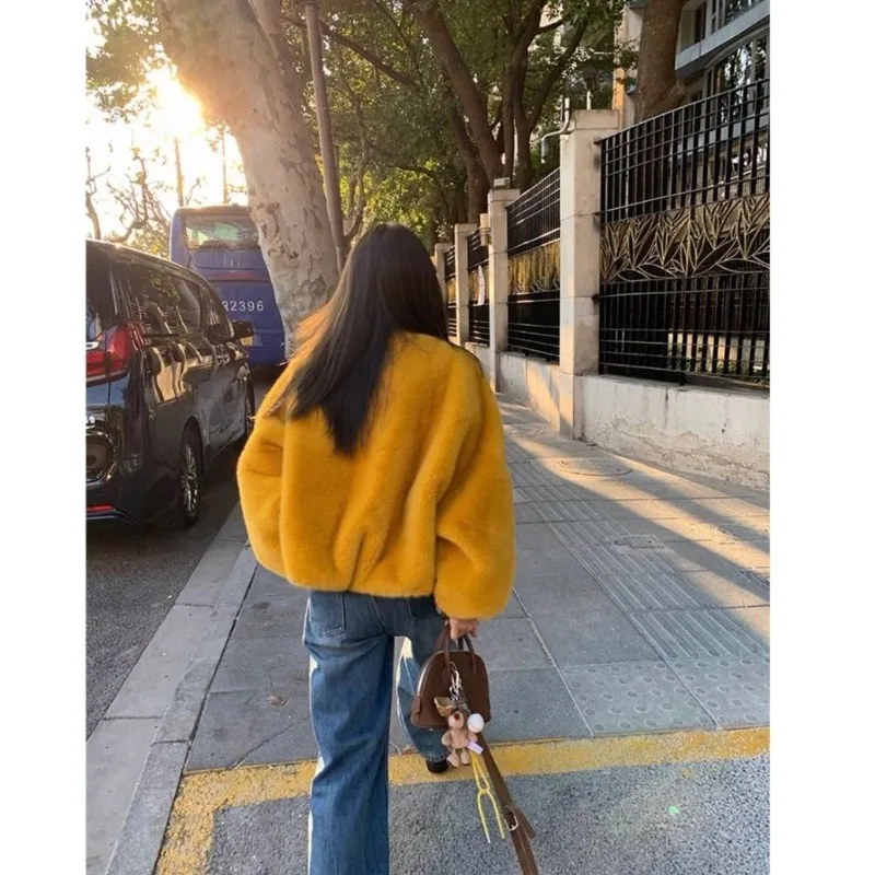 2025, mode korte jas met V-hals, imitatie nertsbontjas met bont, geïntegreerd in herfst en winter, damestemperamenttop