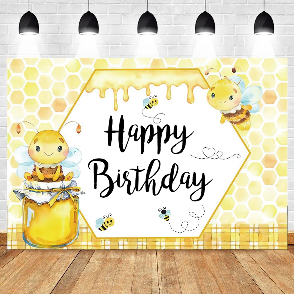 

Yeele Sweet Little Bee Happy Birthday Photography Backdrops Honey Jar Yellow Honeycomb Photo Background Photocall Decoration