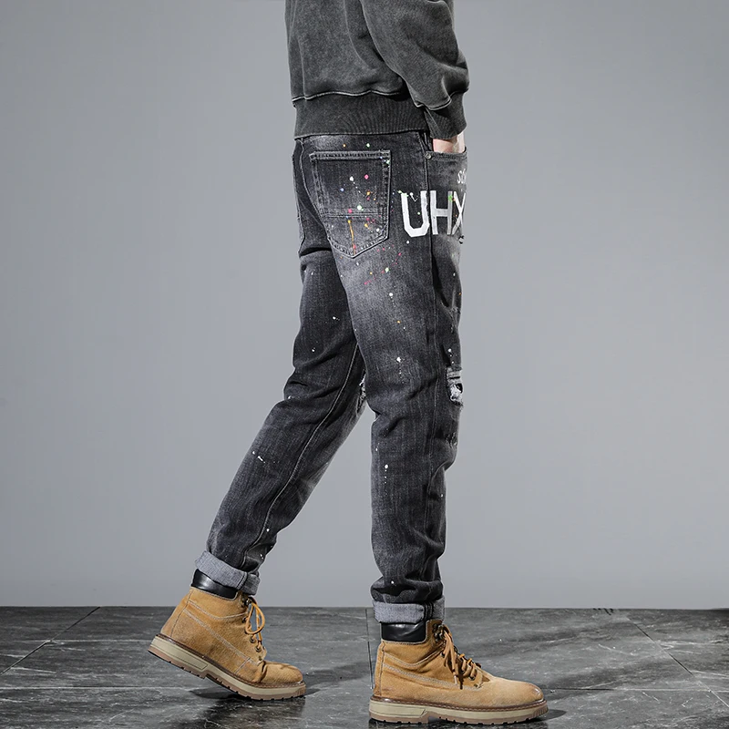 Ripped Jeans Men Black Gray Slim Stretch Hip Hop Denim Pants Moto Patch Distressed Trousers Man Grunge Letters Original Designer