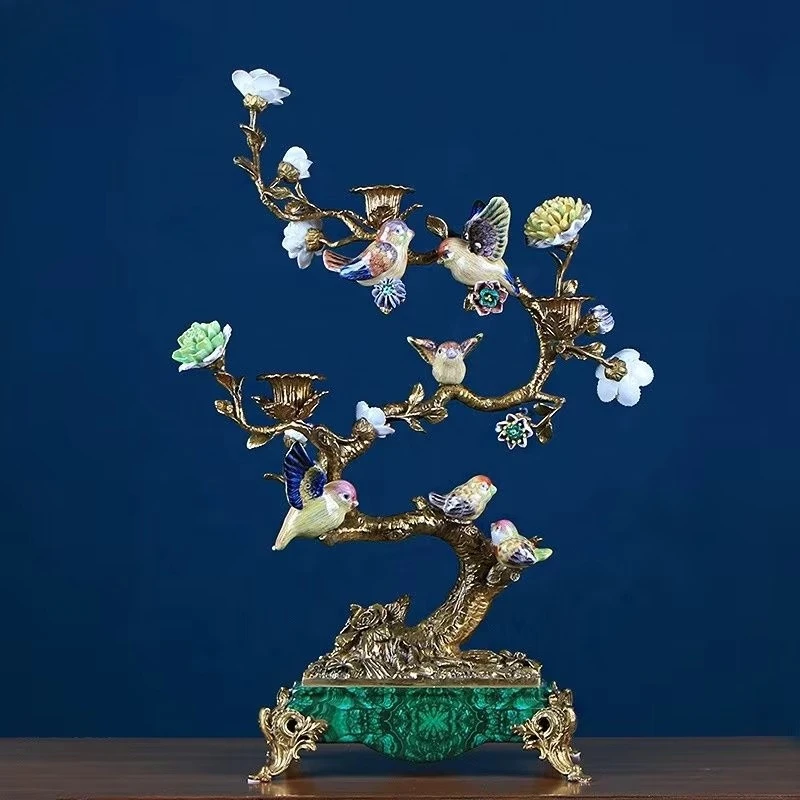 New Chinese Home Soft Porch Home Accessories European Style Creative Brass Bird Tree Decorative Candle Holder Ornaments