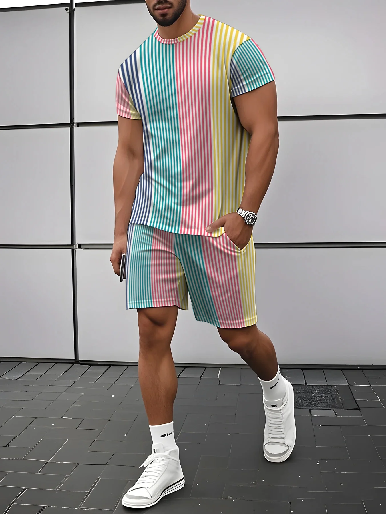 

2026 Summer New Men's Short-Sleeved Set - Street Style Simple and Casual Fashionable Comfortable Soft 3D Stripes Pattern Print