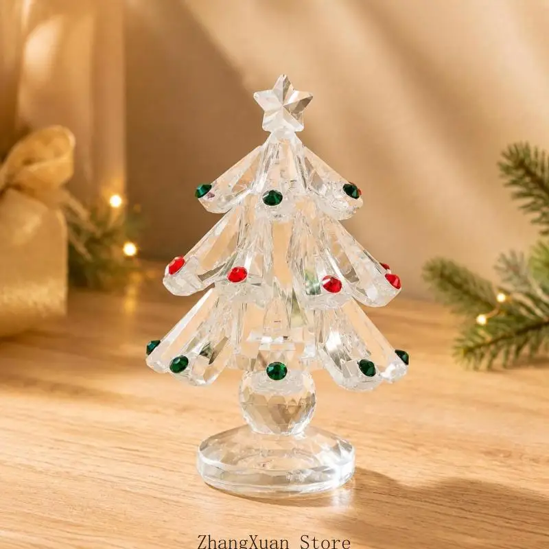 Bunte Kristall-Weihnachtsbaumfigur mit fünfzackigem Stern, facettierter Oberfläche und runder Basis für die Regalpräsentation – Detail 10