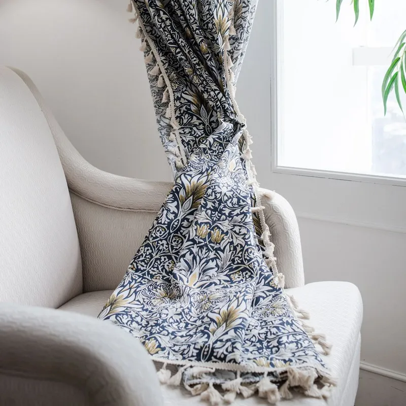 American pastoral Cotton Linen Window Curtain with Tassels Blackout Valance for The Luxury Living Room Curtains Bedroom Balcony
