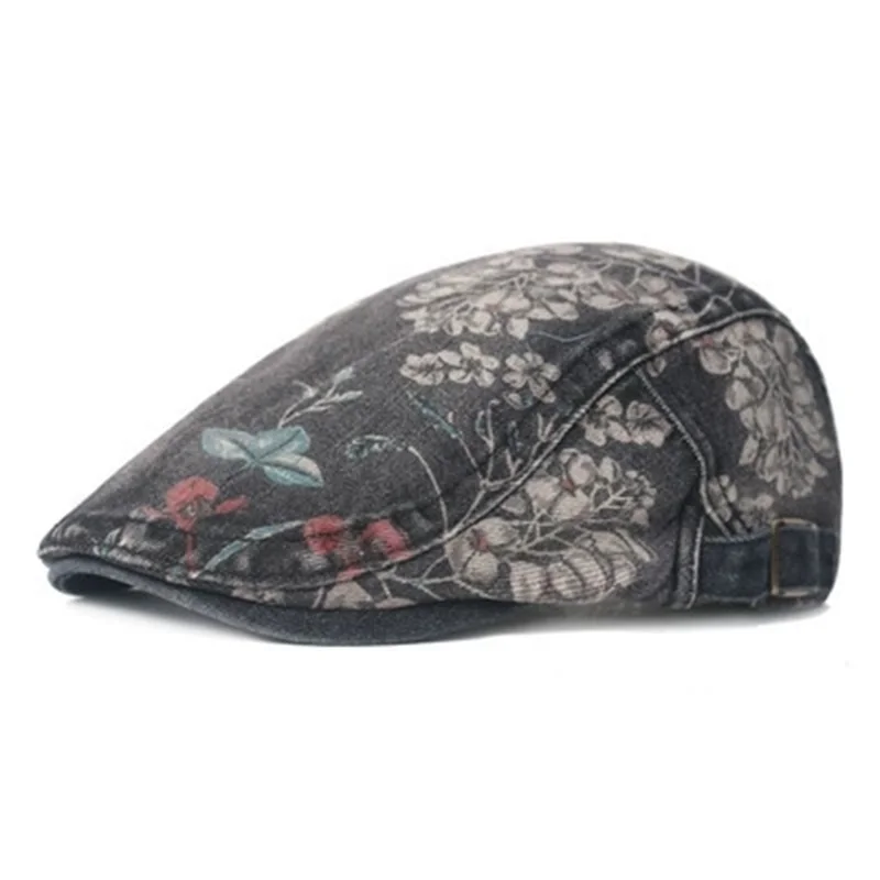 Ethnic Style Beret for Women British Retro Korean Fashion Printed Washed Denim Baseball Cap Casual Forward Cap, Trendy