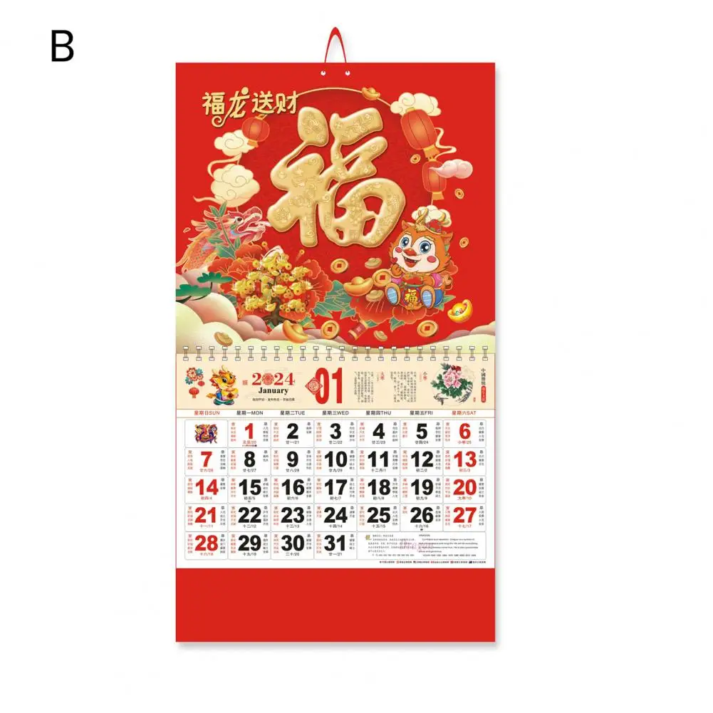 Calendario familiar de Año Nuevo chino para decoración del hogar, calendario colgante de pared, año Lunar tradicional, con Dragón, 2024
