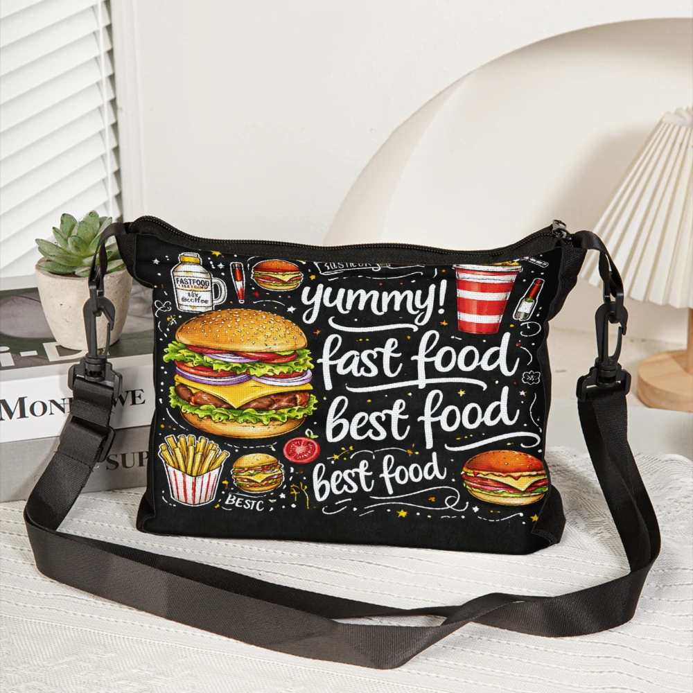 Fashionable Crossbody Bag Black Fast Food Burger And Fries Print With Yummy Fast Food Best Food Text Shoulder Bags For Casual Ou