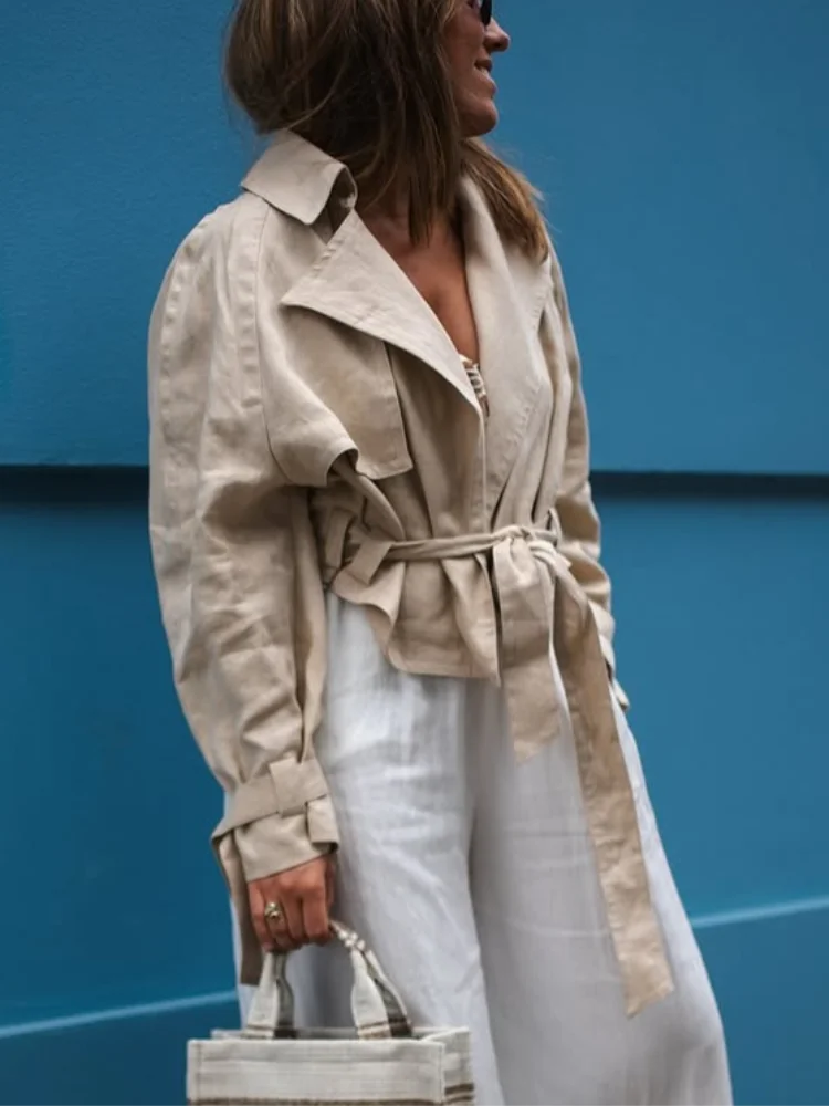 

Casual Khaki Lace Up Short Trench Coat Women Fashion Full Sleeve Lapel Pocket Short Jacket Autumn Lady Highstreet Commute Top