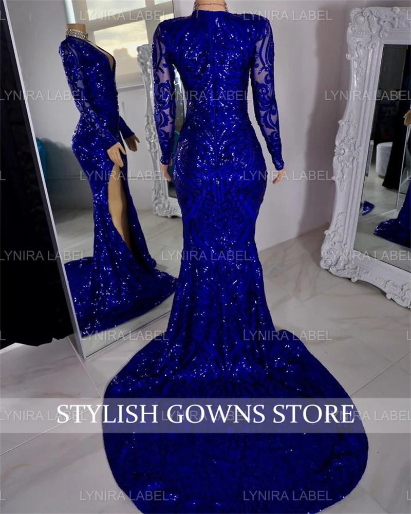 Azul Royal Deep V Neck Long Prom Dress Meninas Pretas 2024 Lantejoula Birthday Party Dresses Com Full Sleeve Evening Gowns Personalizado