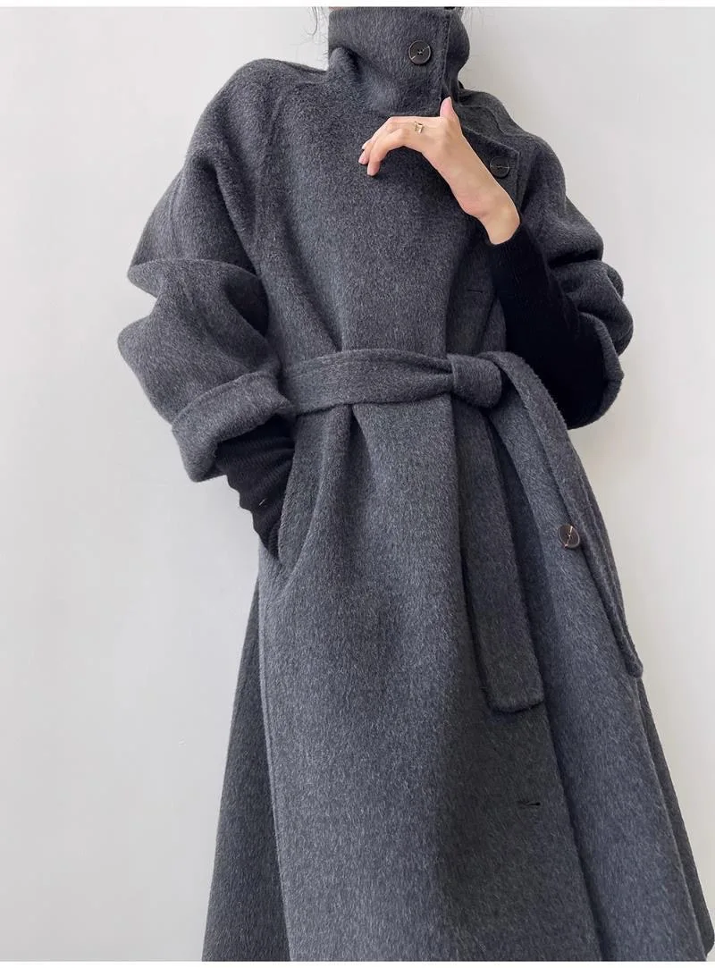 Advanced Gray Standing Collar Long Woolen Coat For Women'S Autumn And Winter Clothing, New Fashionable Double-Sided Woolen Coat