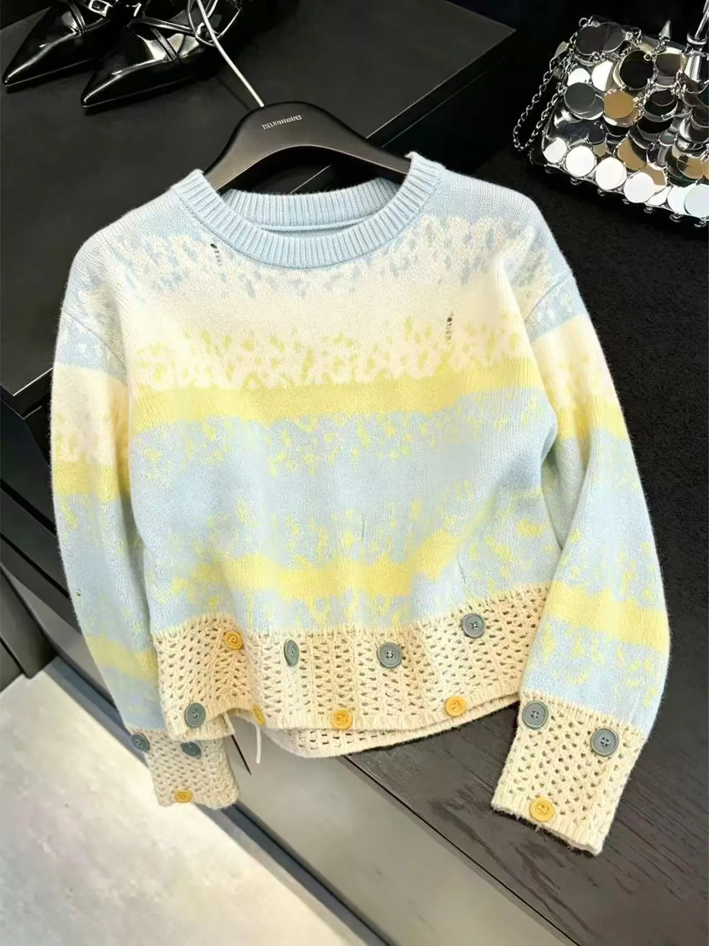 Gradient Striped Soft Sweater for Women Korean Creative Button Design O-Neck Pullover Top Trendy Hollow Out Long Sleeve Knitwear