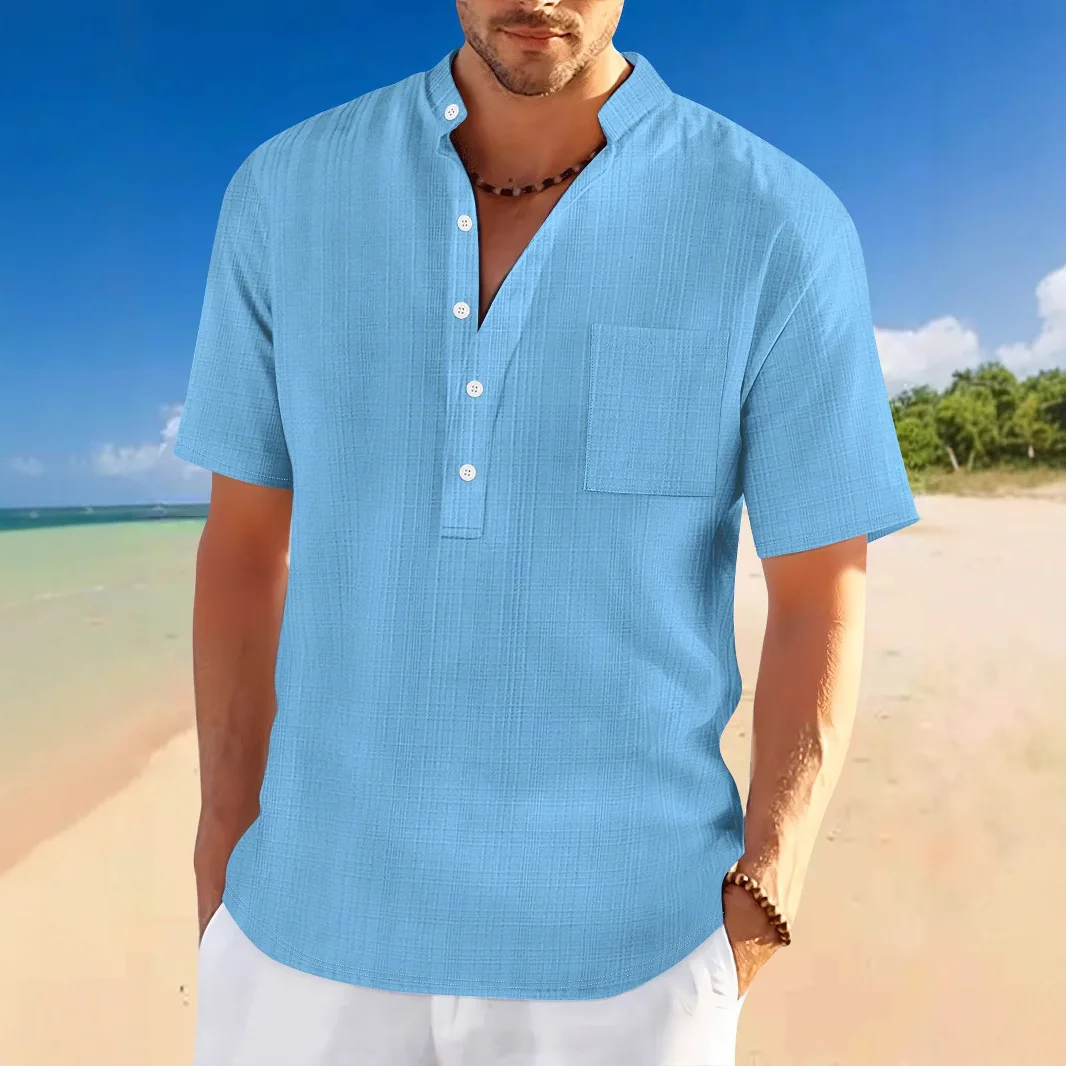 

Men's Stand up Collar Bamboo Knot Imitation Linen Short Sleeve Casual Jacquard Henley Shirt Loose Fit 2025 New Style