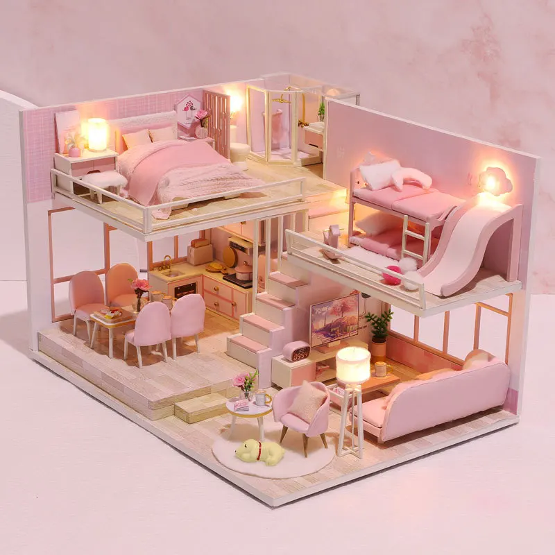 Diy Doll House With Furniture Light Wood Dollhouse Case Miniatures Kits For Children Home Puzzle Toys Birthday Christmas Gifts