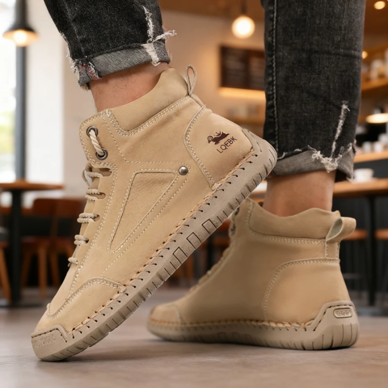 

Men Fashion High Top Sneakers Beige Retro Track Style 2025 Breath Mixed Leather Ankle Boots Non Slip Comfort Casual Shoes Women
