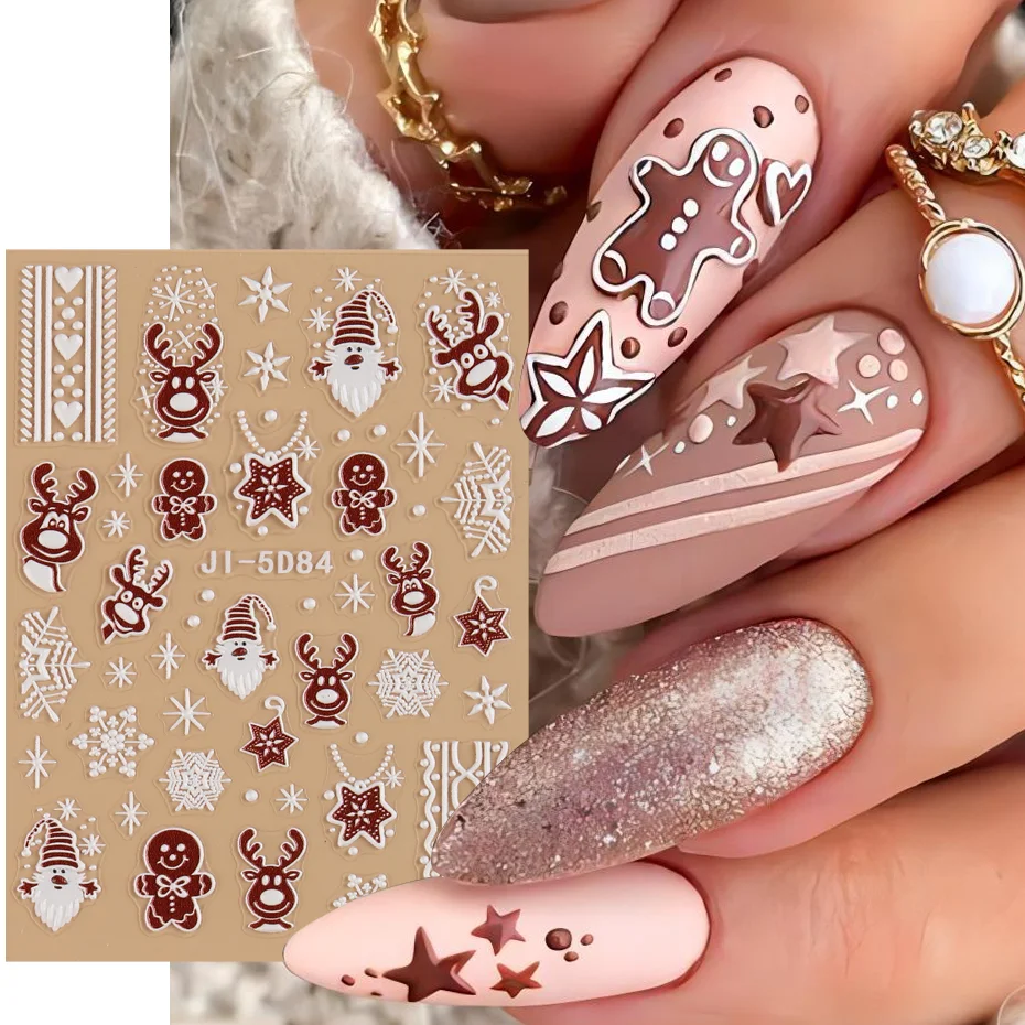 5D рождественские наклейки для ногтей, рельефные наклейки для ногтей в виде лося, полосок, снежинок, морских звезд, новогодние наклейки, украшения для маникюра