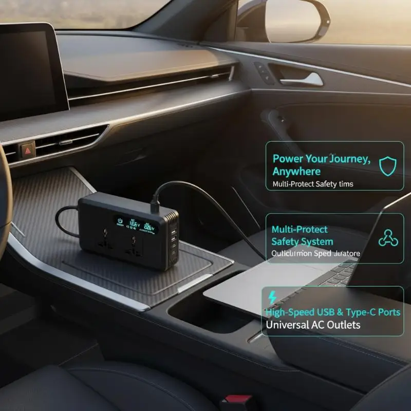 200W Car Inverter 12V to 220V EU Sockets USB C Port Cigarette Lighter Plug for Mobile Office On The Go