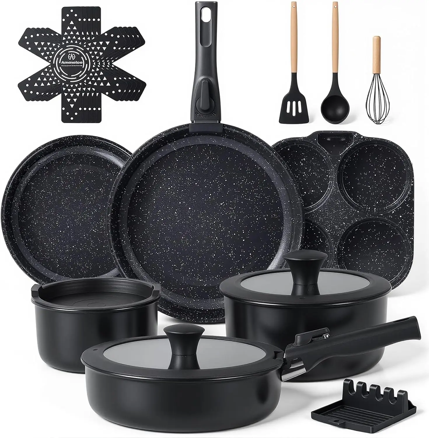 21-Piece Non-Stick Ceramic Cookware Set with Detachable Handles, Induction Ready, Oven Safe, Stackable for Storage
