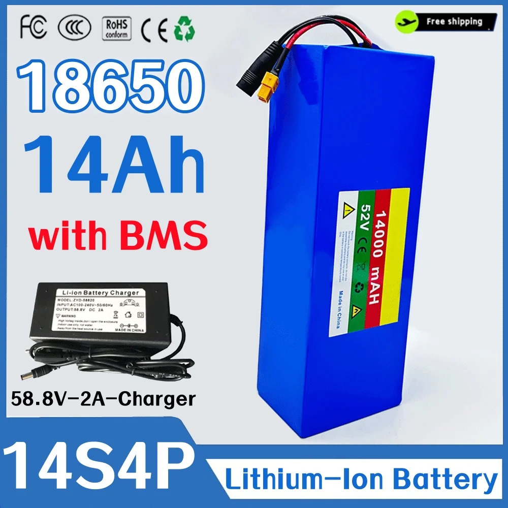 

14S4P 52V 14Ah 18650 rechargeable lithium battery pack 14000mAh suitable for 250-1500W built-in BMS+58.8V 2A charger